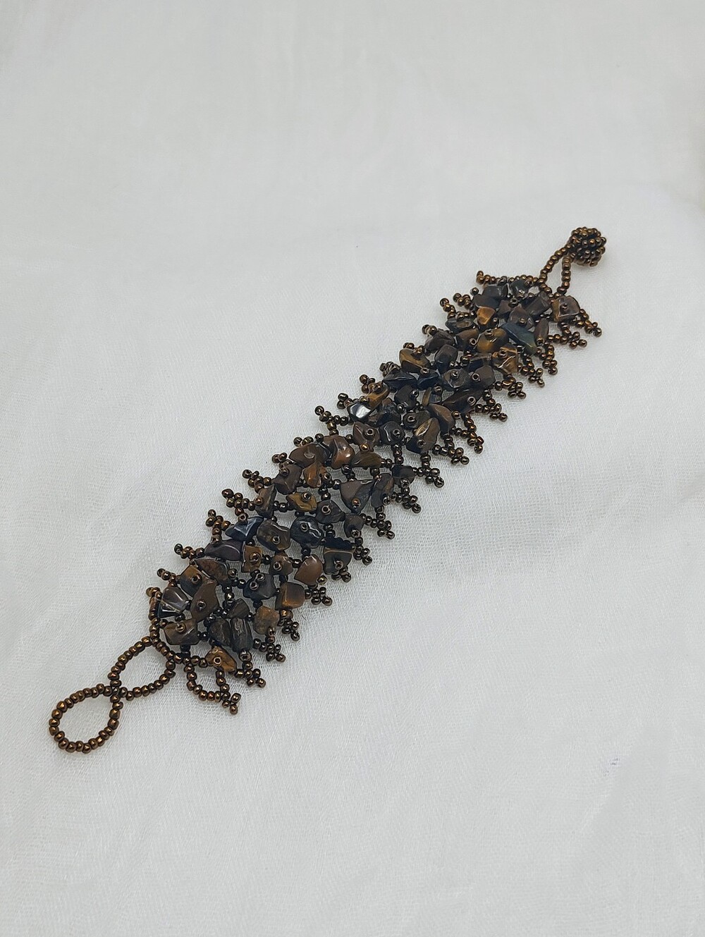 Handmade Tiger's Eye Beaded Cuff Bronze Seed Bead Boho Statement Bracelet